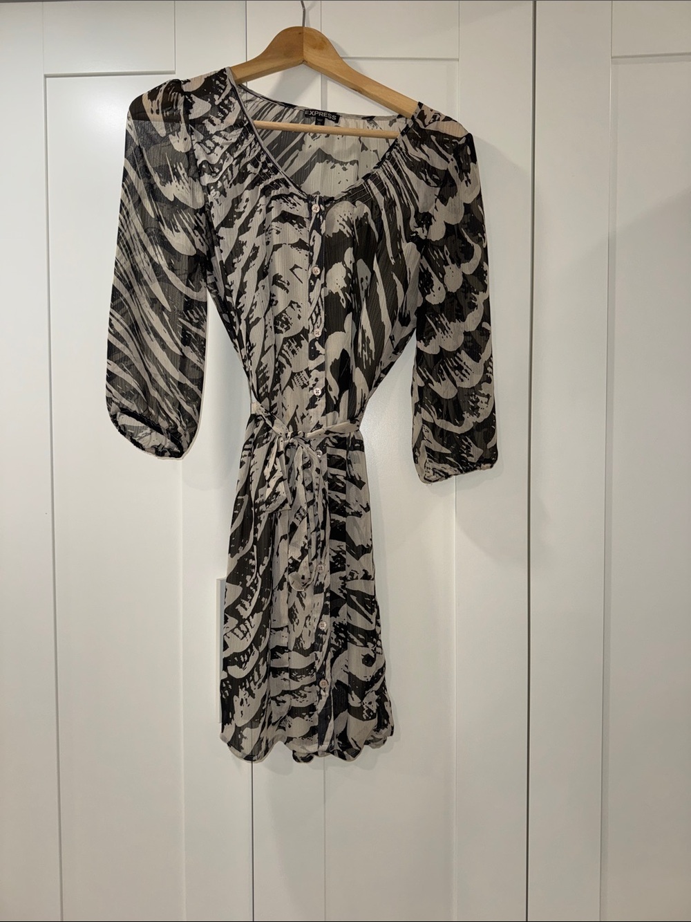 Express Black and Cream Printed Mini Dress with Tie Waist